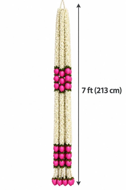 White and pink lotus-bud garland showing 7 ft 213 cm length
