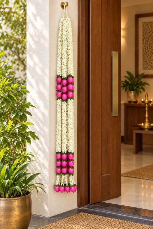 White and pink lotus-bud garland displayed beside a home doorway