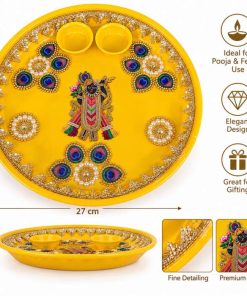 Yellow Krishna Shrinathji decorative pooja thali with two bowls 27 cm