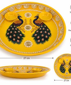 Yellow peacock decorative pooja thali with two bowls, 27 x 27 x 3 cm