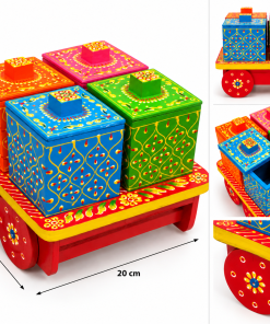 Hand-painted wooden cart spice box set with four colourful lidded containers