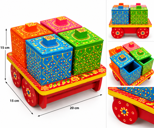 Hand-painted wooden cart spice box set with four colourful lidded containers