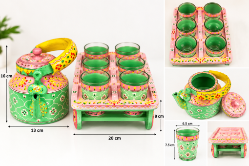 Hand-painted chai glass set with decorative jar, six glasses and matching tray