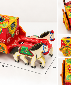 Hand-painted wooden horse cart storage box with four compartments