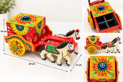 Hand-Painted Wooden Horse Cart Storage Box Hand-painted wooden horse cart storage box with four compartments