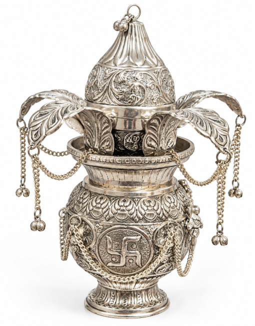 Silver-tone decorative pooja kalash front view