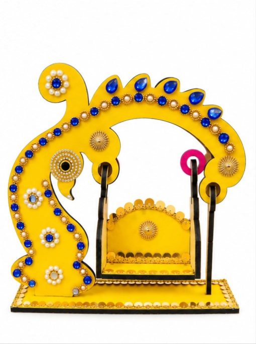 Yellow Peacock Decorative Jhula Swing with Blue Stones Peacock decorative jhula swing CS14207 white background