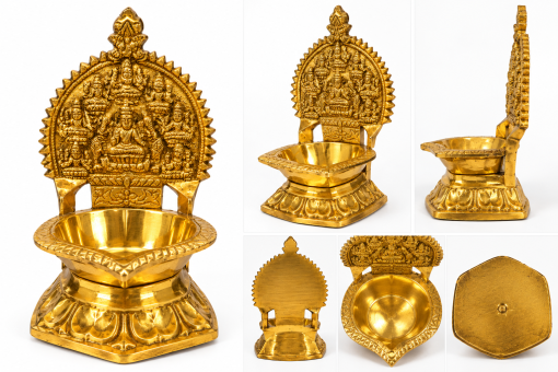 Pure brass Ashtalakshmi vilakku clean white background multiple views