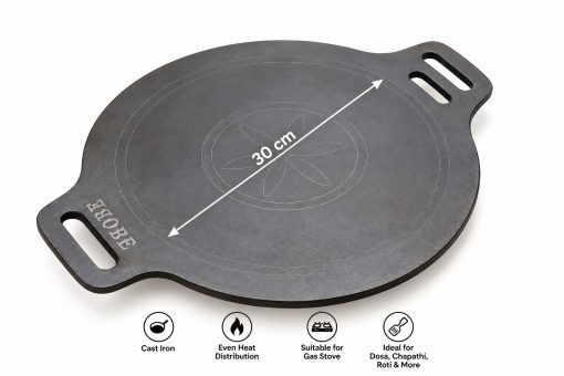 Iron dosa tawa showing the 30 cm diagonal diameter of the round cooking surface, excluding handles