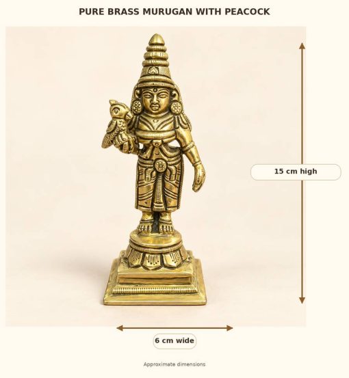 Pure brass Murugan statue measurement image showing approximately 15 cm height and 6 cm width
