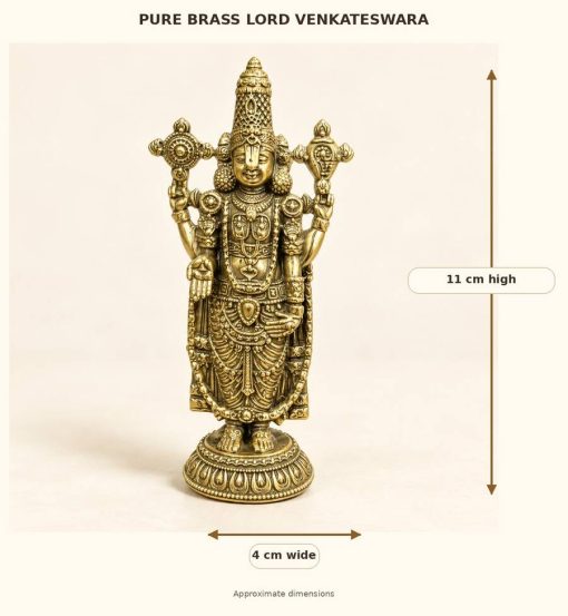 Pure brass Lord Venkateswara statue measurement image showing approximately 11 cm height and 4 cm width